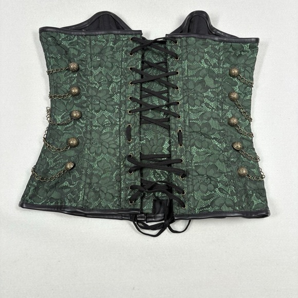Charmian Green Gold Ornate Corset Whimsigoth Steampunk Regency Boustier Women XL - Picture 7 of 15